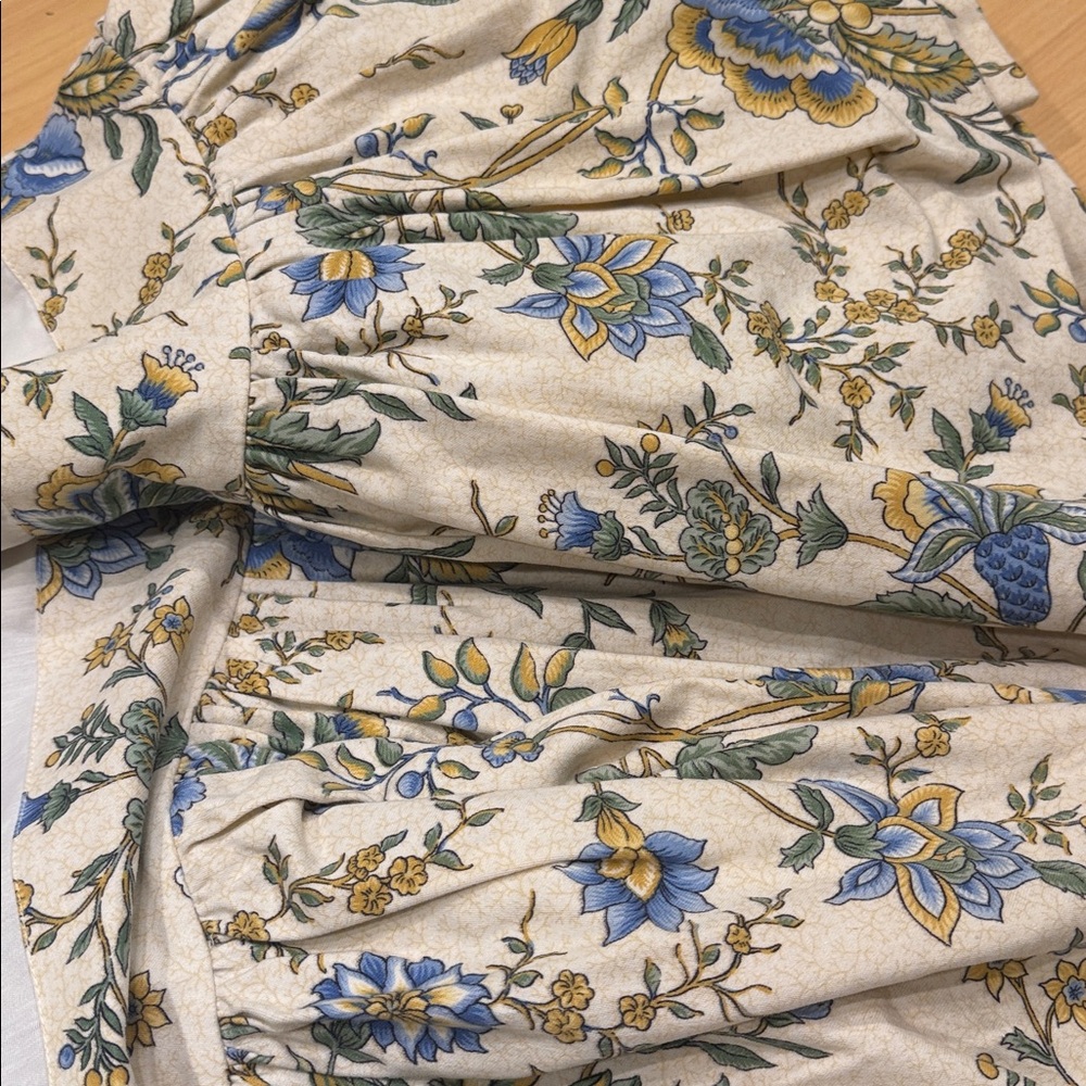 Custom Made Full/Double Floral Print Bedskirt with Blue and Yellow Accents.